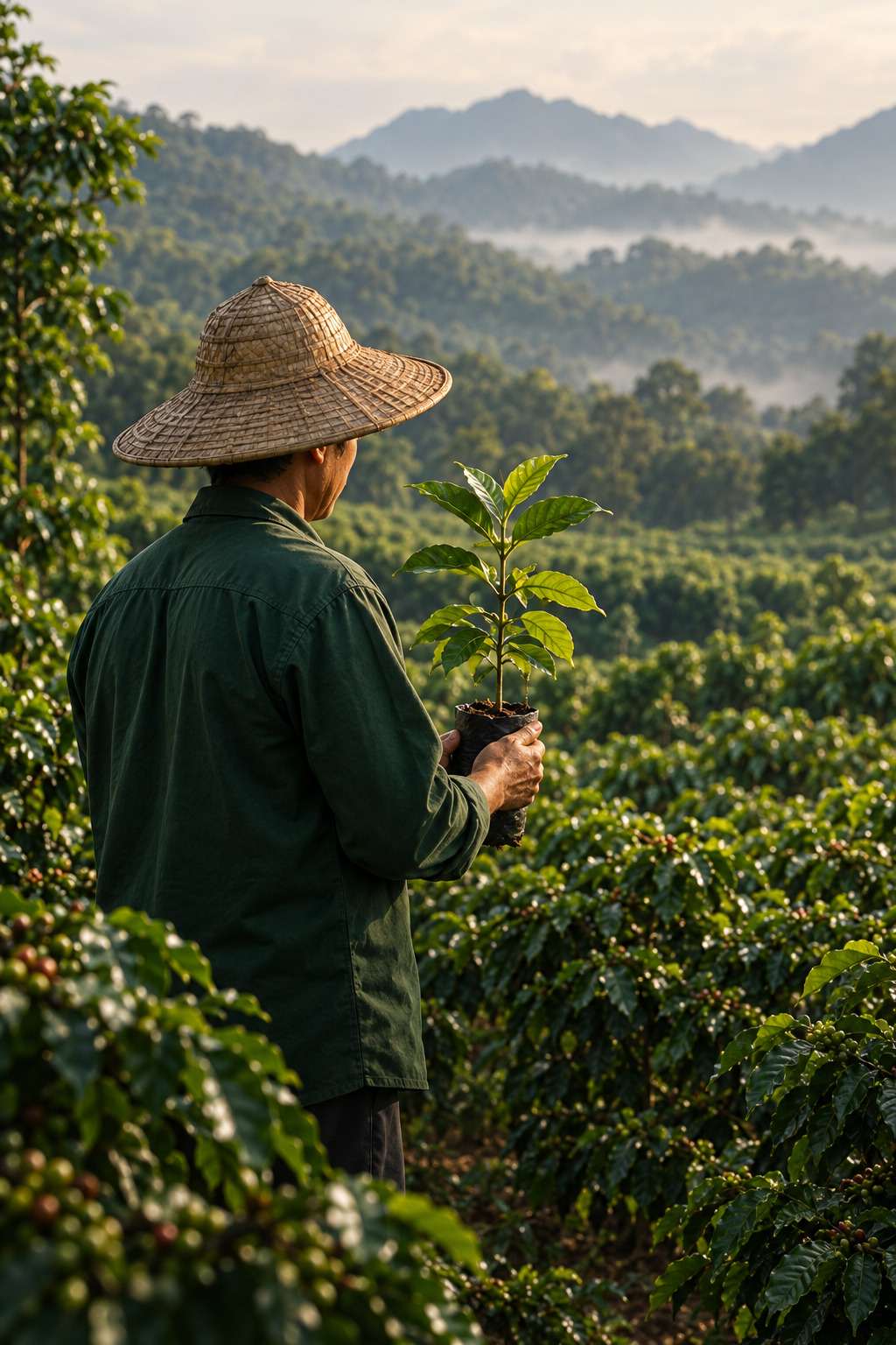ကော်ဖီပင်တန်းကြားတွင် ကော်ဖီပျိုးပင် ကိုင်ထားသော တောင်သူ