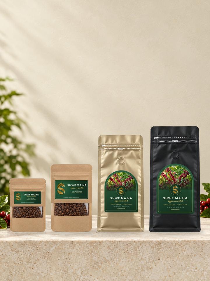 ရွှေမဟာ ကော်ဖီထုပ်များ – 25 g၊ 100 g၊ 500 g နှင့် 1 kg