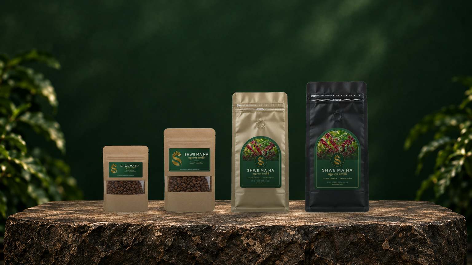 ရွှေမဟာ ကော်ဖီထုပ်များ – 25 g၊ 100 g၊ 500 g နှင့် 1 kg